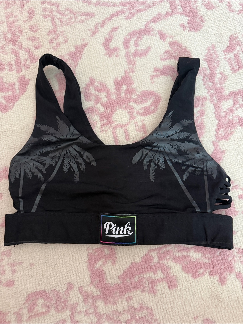 PINK Victoria's Secret Black Palm Tree Sports Bra with Rainbow Logo Patch